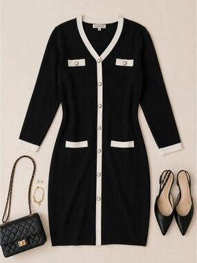 EUC Nanette Lepore Black With White Trim Sweater Knit Dress, Size Small